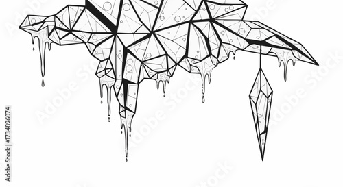 A stylized black and white geometric illustration showcasing faceted ice formations with dripping liquid