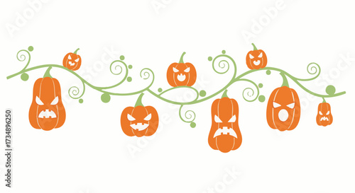 A whimsical Halloween garland features carved, grinning pumpkins with spooky faces, artfully arranged on a curling green vine against a clean white background