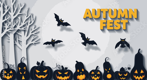 A whimsical Halloween illustration featuring carved jack-o'-lanterns, silhouetted trees, and flying bats under a festive 'AUTUMN FEST' banner