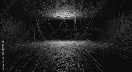 Abstract dark monochrome background with chaotic white light streaks representing digital noise, confusion, or tangled network connections in a virtual space