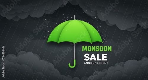 Green umbrella against a dark stormy sky with monsoon sale announcement