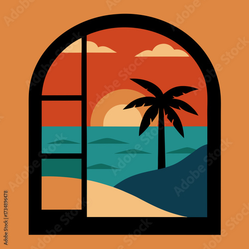 A stunning vector illustration of a tropical beach sunset with palm trees, sea, and sand perfect for a summer vacation