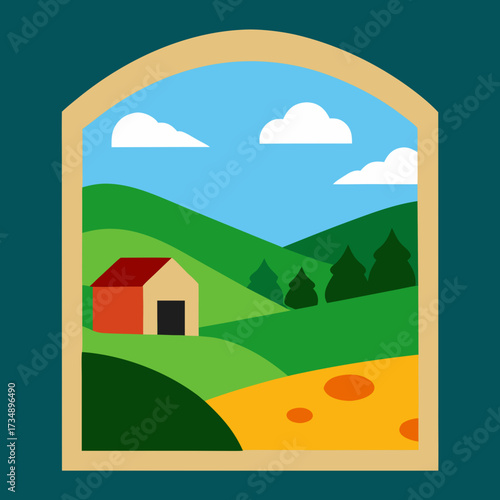 Rural village landscape with a cartoon house, trees, grass, and a bright summer sky