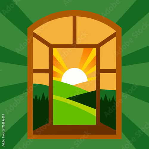 The open window frame in a room interior shows green grass and $\mathbf{sun}$light with sky and nature landscape