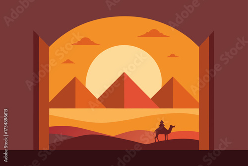 Vector sunset desert landscape illustration with camel and Egyptian pyramids silhouette