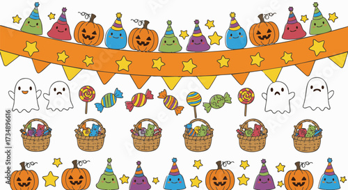 Adorable cartoon Halloween characters including pumpkins, ghosts, and festive hats with candy and treat baskets
