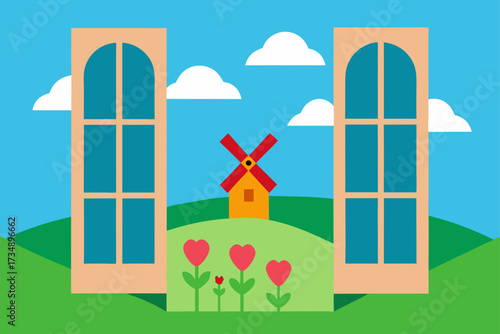 Vector cartoon illustration of a house and farm building architecture design on grass
