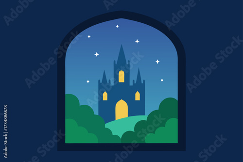 This spooky vector illustration depicts a cartoon church and castle silhouette in a fairy-tale town at night with a moon and tree