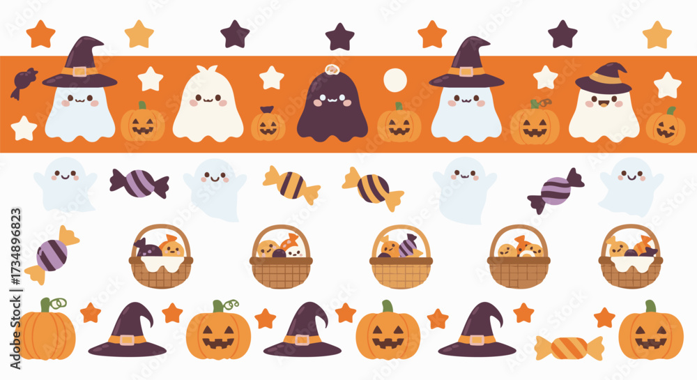 Obraz premium Charming kawaii Halloween collection featuring friendly ghosts, pumpkins, witch hats, and candy