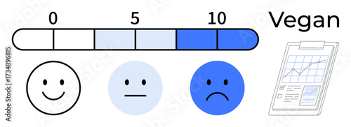Numeric rating scale with happy faces representing satisfaction levels, graph clipboard, and vegan text. Ideal for surveys, feedback, emotions, preferences, lifestyle, analytics simple flat metaphor