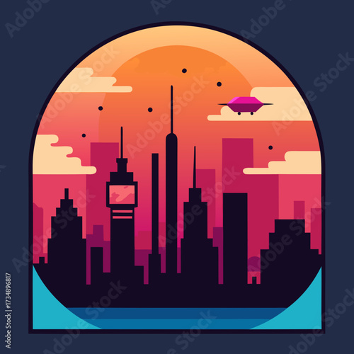 Vector illustration of a modern urban city skyline and landscape at night, featuring stylized building silhouettes against the sky