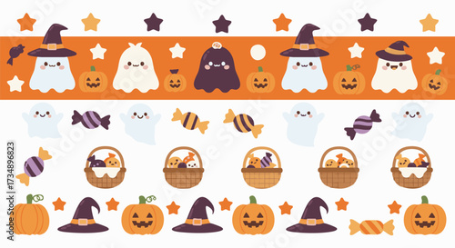 Charming kawaii Halloween collection featuring friendly ghosts, pumpkins, witch hats, and candy