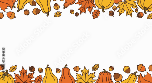 Charming hand-drawn autumn border frame featuring pumpkins, gourds, maple leaves, and acorns on a white background