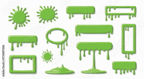 Collection of vibrant green slime elements, including blobs, splashes, and frames with dripping effects, perfect for playful designs and graphic accents