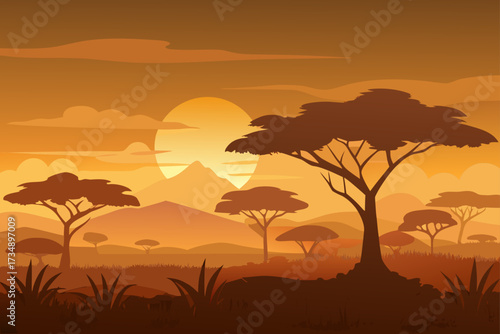 Desert and tropical beach sunset with silhouette of palm trees and summer landscape on the horizon