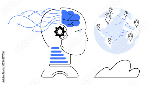 Stylized human head with neural network, gear symbol, and connected globe visualizing AI, machine learning, digital transformation, global collaboration, innovation, data analytics future tech. A