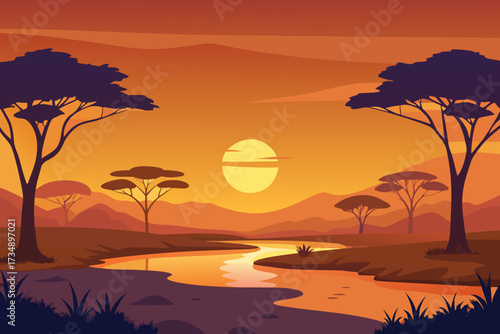 Tropical island beach sunset landscape with palm trees silhouette over the sea and vibrant sky