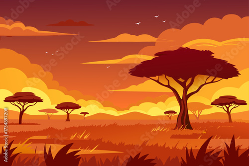 Tropical sunset landscape silhouette with palm trees, orange sky, and desert sand