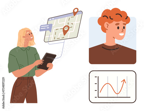 Woman using a tablet with digital map and location pins, male profile avatar and data progress chart. Ideal for navigation, user interface, data visualization, profile creation, geolocation