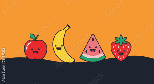 Cute cartoon fruits with happy faces, including an apple, banana, watermelon slice, and strawberry, set against a vibrant orange background