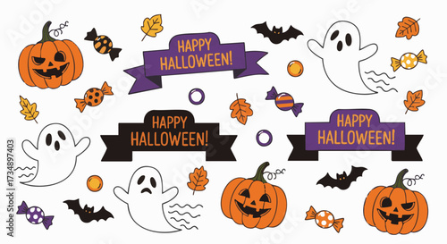 Cute Halloween vector elements set. Features hand-drawn pumpkins, friendly ghosts, bats, colorful candies, and autumn leaves