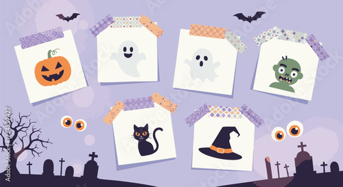 Cute Halloween vector illustration featuring sticky notes with spooky characters like ghosts, pumpkins, and zombies, set against a graveyard background