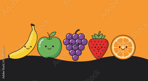 Cute kawaii fruits like banana, apple, grapes, strawberry, and orange with happy faces against an orange background