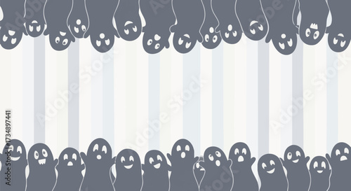 Cute minimalist graphic border featuring playful blue-gray cartoon ghosts framing a central space with striped background
