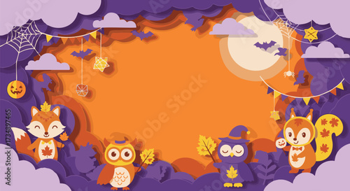 Cute paper cut-out Halloween and autumn vector illustration. Fox, owls, and squirrel with bats, spiderwebs, pumpkins, and fall leaves