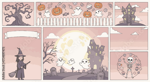 Cute, pastel-colored Halloween comic strip template featuring spooky icons like ghosts, pumpkins, witches, and haunted houses for seasonal design projects