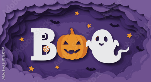 Cute paper-cut style illustration featuring the word 'BOO' with a smiling ghost, jack-o'-lantern, and candy for a fun, cheerful Halloween celebration background