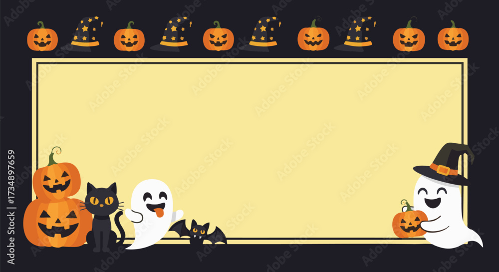 Fototapeta premium Festive Halloween background with pumpkins, ghosts, bats, and black cats