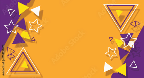 Dynamic geometric shapes including stars and triangles create a vibrant abstract background with a retro feel