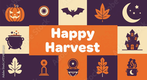 Festive graphic card design celebrating the autumn season with a "Happy Harvest" message surrounded by Halloween and fall icons