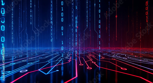 Fototapeta Naklejka Na Ścianę i Meble -  Futuristic Digital Landscape with Binary Code and Circuit Board Paths technology programming