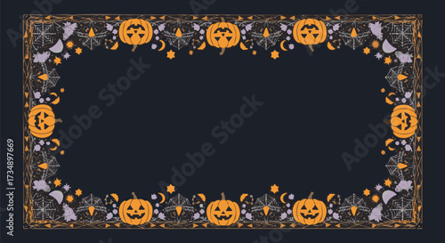 Festive Halloween border frame design featuring carved Jack-o'-lanterns, bats, cobwebs, and crescent moons on a dark background