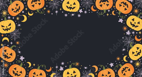 Festive Halloween border frame design featuring glowing jack-o'-lanterns, spiderwebs, moons, and stars against a dark background, perfect for party invitations or seasonal greetings