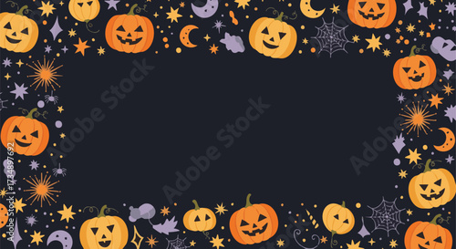 Festive Halloween border with carved pumpkins, stars, moons, and spiders on a dark background
