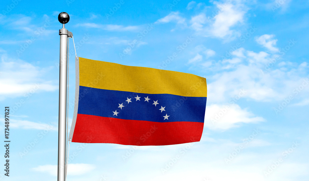 Fototapeta premium High-quality venezuela national flag waving in the wind against a blue sky - Symbol of culture, heritage, and patriotism