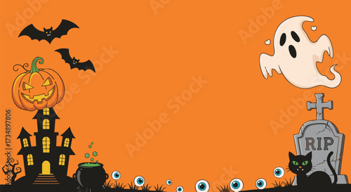 Fun Halloween banner with a haunted house, jack-o'-lantern, bats, ghost, and cat. This spooky cartoon background is perfect for holiday designs