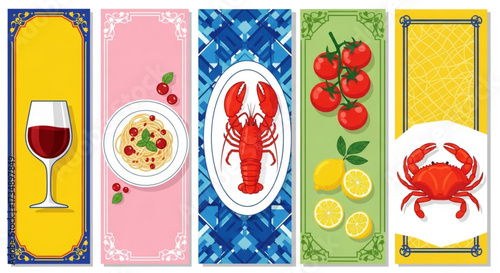 Lobster, Crab, Wine, and Fresh Ingredients in a Colorful Illustration
