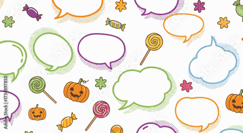 Fun and colorful Halloween seamless pattern featuring empty speech bubbles, jack-o'-lantern pumpkins, lollipops, and wrapped candies on a white background