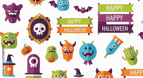 Wallpaper Mural Fun Halloween pattern illustration featuring cute monsters, bats, pumpkins, and festive banners Torontodigital.ca