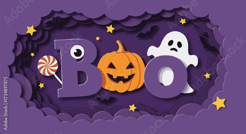 Fun papercut style 'BOO' design featuring a jack-o'-lantern, friendly ghost, and lollipop against a spooky night background