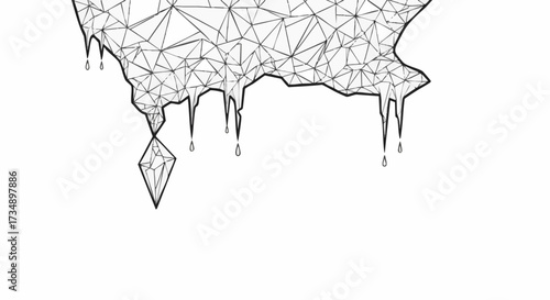 Geometric ice stalactites with dripping water droplets in a stylized, abstract design. This minimalist graphic represents cold, winter, or transition