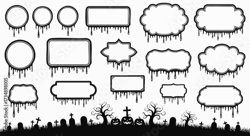 Halloween frame set with drips, in vector format. Features gravestones and pumpkins in the graveyard, for creative Halloween graphic design projects