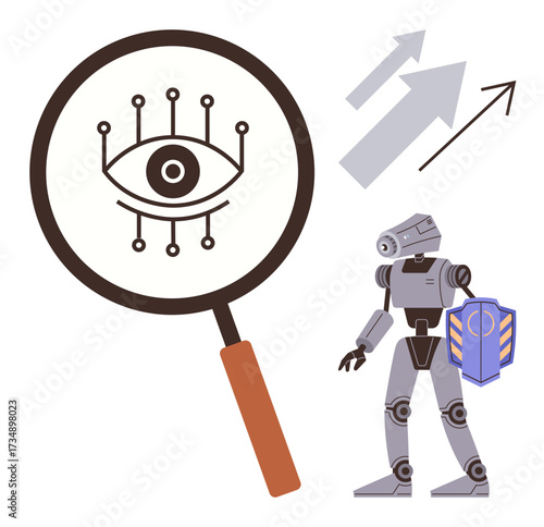 Magnifying glass with an eye and circuit, robot holding shield, upward arrows. Ideal for AI, robotics, data analysis, technology growth, machine learning security innovation. A simple flat metaphor