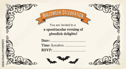 Halloween party invitation with decorative borders, bats, and text inviting guests to a "spooktacular evening of ghoulish delights