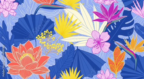Tropical Plants on Blue Background, Digital Illustration, Lively Environment, Artistic Viewpoint