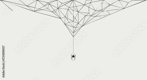 Minimalist black geometric spider web design with a small spider dangling below on a light background